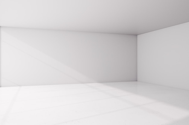 Concepto de caja blanca con acabado blanco sunnu de la habitación vacía y el modelo de renderización 3D de copyspace