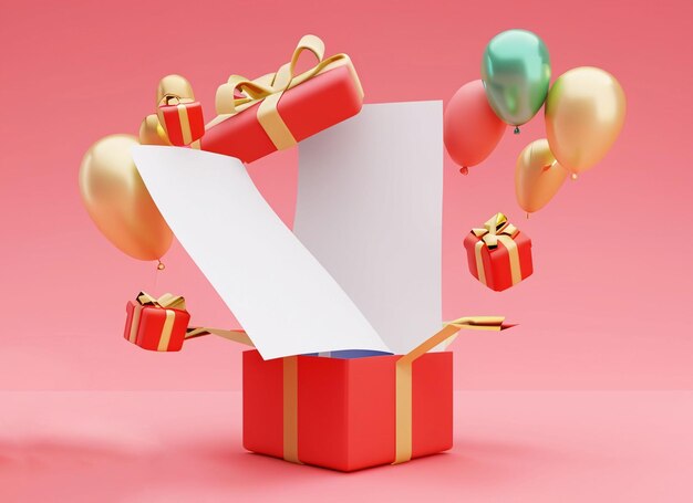 Foto el concepto de una caja de regalos se abre para mostrar papeles en blanco para el diseño comercial con elementos de decoración globos y regalos render 3d