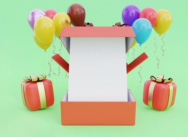Foto el concepto de una caja de regalos se abre para mostrar papeles en blanco para el diseño comercial con elementos de decoración globos y regalos render 3d