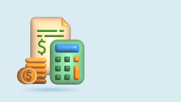 Concepto de calculadora 3d de gestión financiera Calculadora 3d con monedas de dinero y billetes