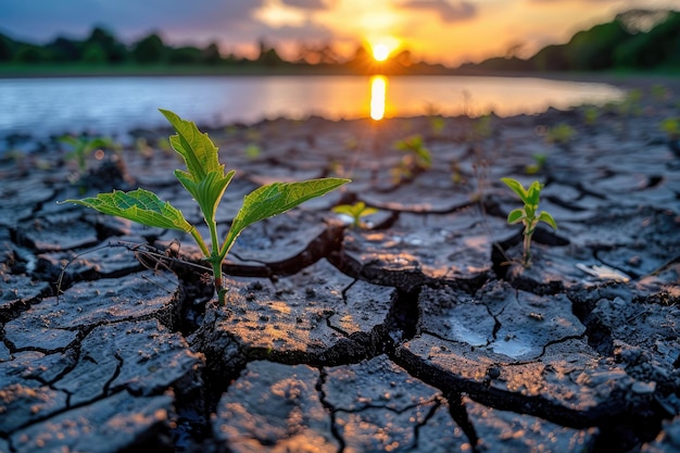 concepto de calentamiento global con lago seco de tierra agrietada fotografía profesional