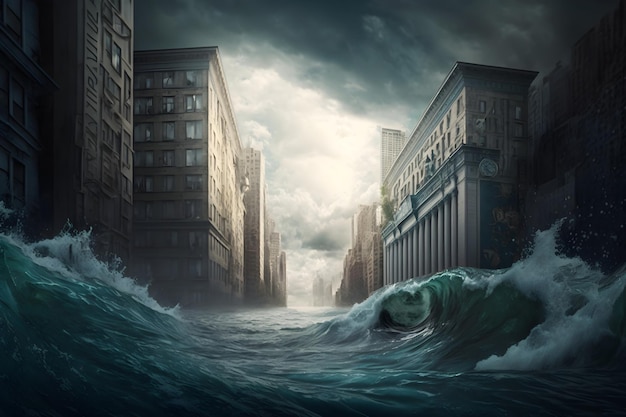 Concepto de cambio climático Ilustración de inundación Calle inundada en una ciudad IA generativa