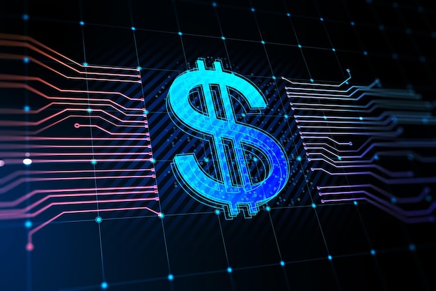 Concepto de cambio de moneda y finanzas empresariales con icono de dólar gráfico digital azul entre líneas de circuito en representación 3D de fondo tecnológico oscuro abstracto