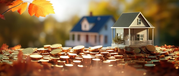 Concepto de cambio de precio inmobiliario con casa y monedas