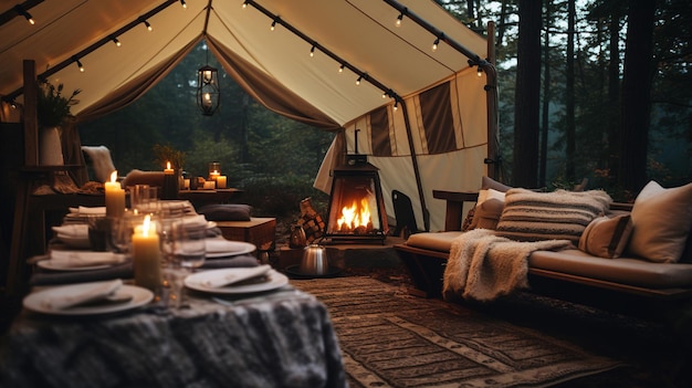 Concepto de camping al aire libre con IA generativa en un campamento turístico de colores neutros y apagados