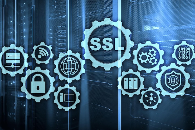 Foto concepto de capa de sockets seguros ssl los protocolos criptográficos proporcionan comunicaciones seguras antecedentes de la sala del servidor