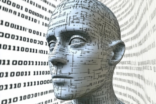 Concepto de cara humana digital con fondo de código binario