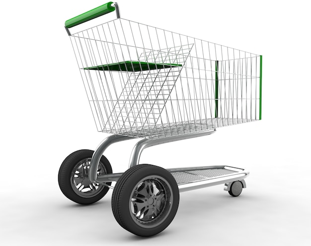 Concepto. Carro de compras con rueda de coche grande aislado sobre fondo blanco 3D de alta resolución