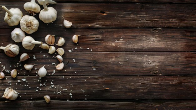 El concepto del cartel de recetas de cocina con ajo en la mesa de madera