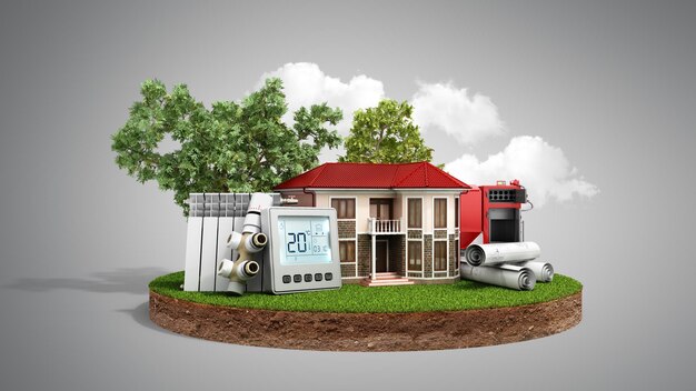 concepto de casa de ahorro de energía en un pedazo de tierra cerca de la caldera de leña baterías termostato controlador de temperatura 3d render en gris