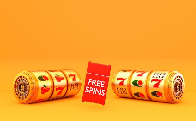 Concepto de casino en línea Máquina tragamonedas color dorado y cupón rojo con giros gratis sobre fondo naranja
