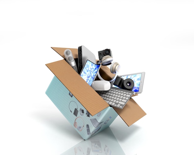 concepto de categorías de productos pequeños electrónica de consumo volar fuera de la caja 3d render en blanco