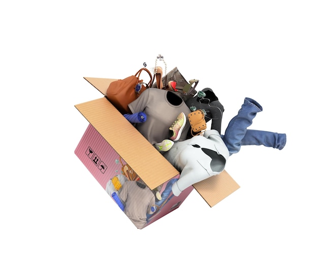 concepto de categorías de productos ropa y accesorios volar fuera de la caja 3d render en blanco sin sombra