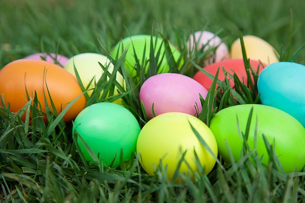 Concepto de caza de Pascua Huevos coloridos escondidos en la hierba verde