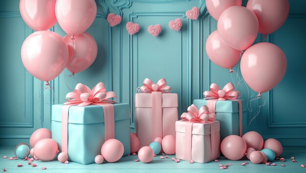 Concepto de celebración Cajas de regalos rosadas y globos de primer plano extremo IA generativa