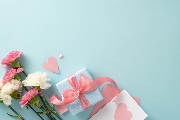 Concepto de celebración del Día de las Madres Vista superior foto plana de cajas de regalo con cintas rosas flores de clavel y corazones de papel rosado en fondo azul pastel con espacio vacío para texto o anuncio