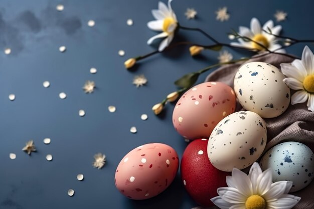 Concepto de celebración del día de Pascua feliz Fondo de flores y huevos de Pascua coloridos Generar Ai