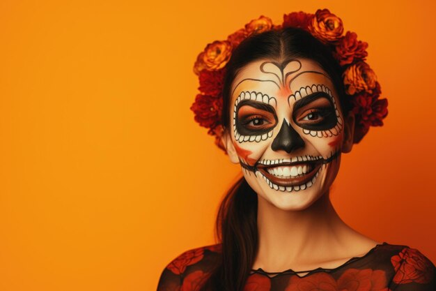 Foto concepto de celebración y disfraz de halloween de mujer joven