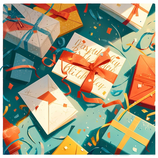 Concepto de celebración festiva con coloridas cajas de regalos envueltas y confeti