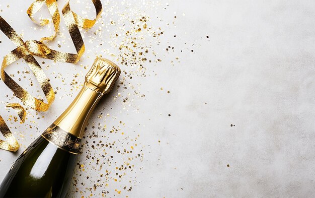 Concepto de celebración de la fiesta Año Nuevo Botella de champán y vasos con confeti y estrellas doradas Vista superior espacio de copia plana