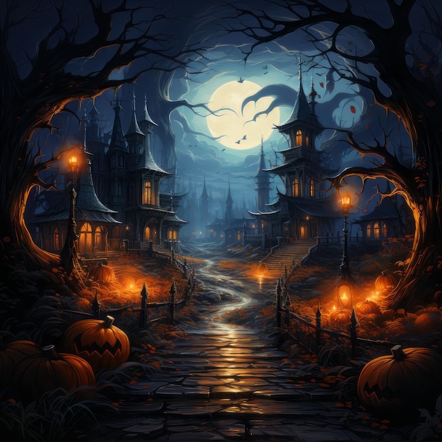 Concepto de celebración de Halloween Casa embrujada Fondo de Halloween con edificios abandonados y calabaza