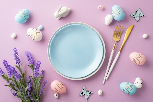 Concepto de celebración de Pascua Foto de la vista superior de platos azules vacíos cubiertos rosados azules blancos huevos de Pascua mariposas de conejo de cerámica y ramo de flores de lavanda en un fondo lila aislado