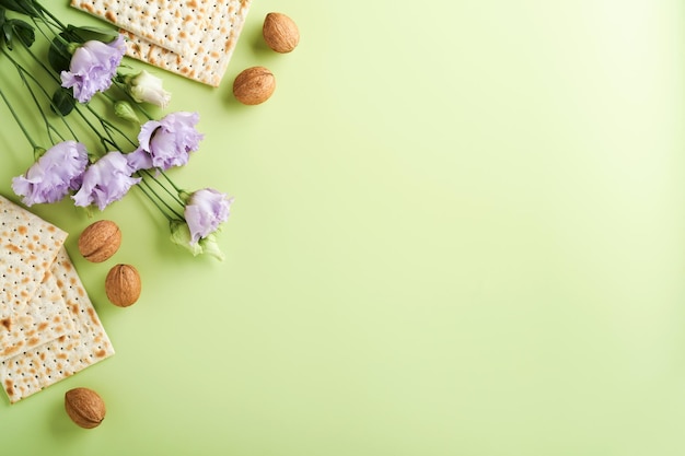 Concepto de celebración de Pascua Matzá rojo vino kosher nuez y primavera hermosas flores color de rosa Ritual tradicional pan judío sobre fondo verde claro Comida de Pascua Pesaj Fiesta judía