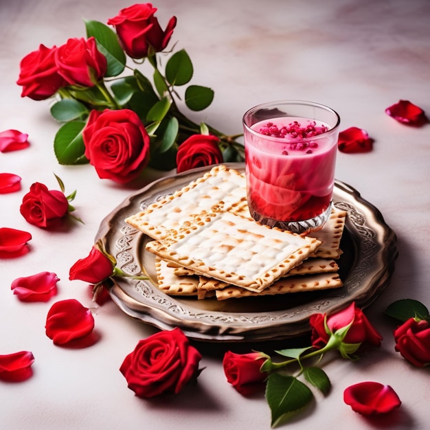 El concepto de la celebración de la Pascua Matzah vino kosher rojo nuez y primavera hermosas flores de rosa