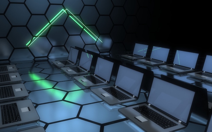 Foto concepto de centro de datos de red informática futura 3d. ilustración 3d
