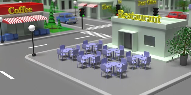 Concepto de centro de restaurante de calle de dibujos animados Ilustración 3d de fondo de tienda de cocina cerrada