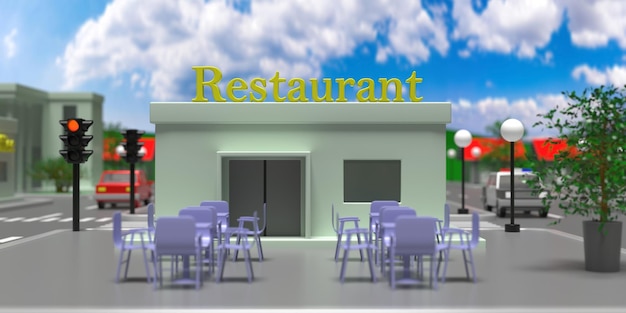 Concepto de centro de restaurante de calle de dibujos animados Ilustración 3d de fondo de tienda de cocina cerrada