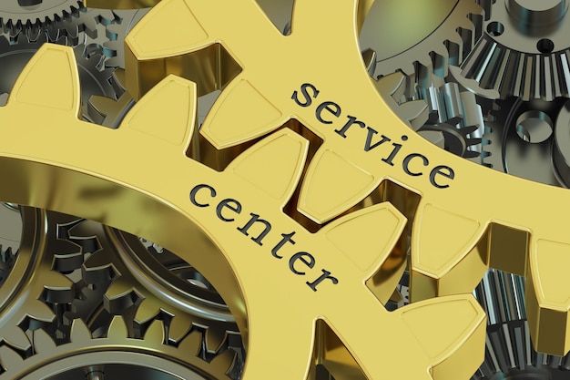 concepto de centro de servicio en las ruedas de engranajes renderización 3D