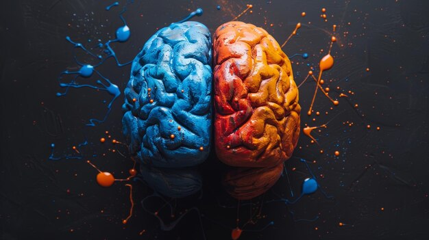 Concepto de cerebro creativo y analítico con salpicaduras de pintura de colores