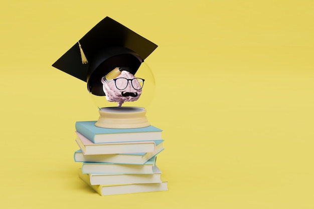 El concepto de cerebro de educación superior con gafas, un sombrero de maestro y con un lápiz en una pila de libros