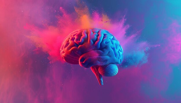 Concepto con un cerebro explotando en colorido polvo de holi