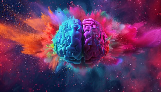 Concepto con un cerebro explotando en colorido polvo de holi