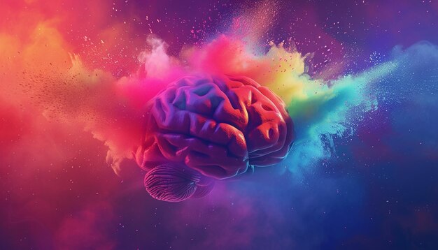 Concepto con un cerebro explotando en colorido polvo de holi