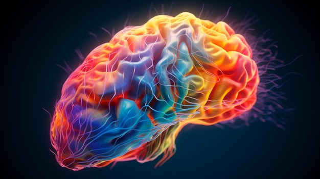 El concepto de un cerebro humano lleno de creatividad muestra múltiples colores y acción IA generativa