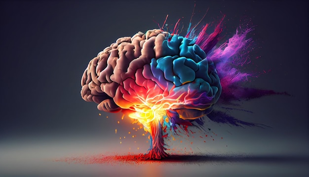 El concepto de un cerebro humano lleno de creatividad muestra múltiples colores y acción