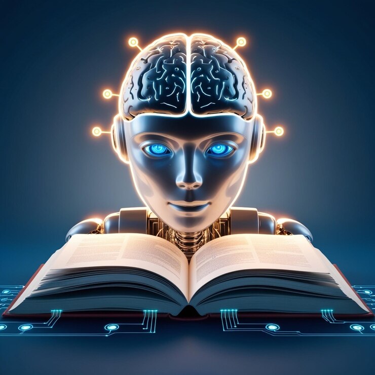 El concepto de cerebro de IA aprendiendo de libros revolucionando la educación a través de la absorción de conocimiento