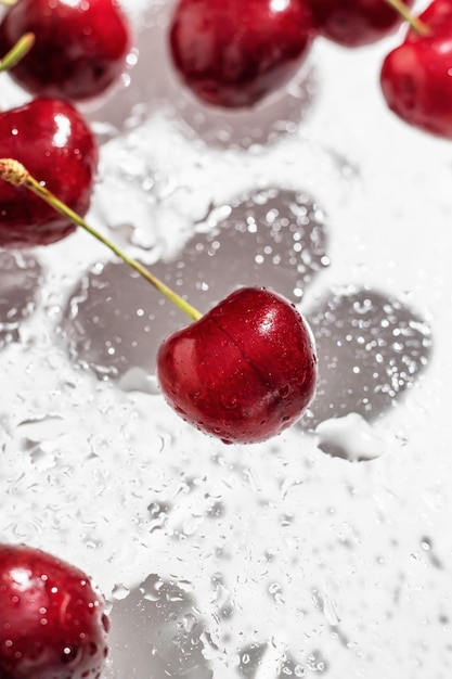 Concepto de cereza en estilo moderno sobre fondo blanco con sombras y vista superior de papel tapiz de agua