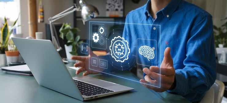 Foto concepto de chat gpt empresario que utiliza una computadora portátil en el escritorio con el icono de chat gpu en la pantalla virtual