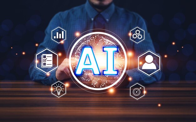 Concepto de chatbot de IA Concepto de inteligencia artificial de IA Empresario que utiliza bot de chat de IA en inteligencia inteligente informática Tecnología futurista