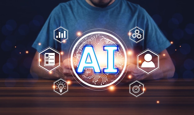 Concepto de chatbot de IA Concepto de inteligencia artificial de IA Empresario que utiliza bot de chat de IA en inteligencia inteligente informática Tecnología futurista