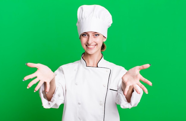 Concepto de chef de restaurante de mujer rubia bonita caucásica