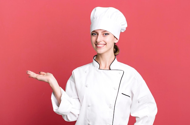 Concepto de chef de restaurante de mujer rubia bonita caucásica