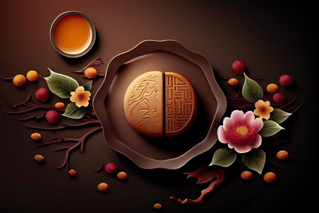 Concepto chino del festival del medio otoño hecho con té de pasteles de luna Generative Ai