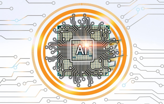 Concepto de chip de CPU y sistema de inteligencia artificial trabajan juntos