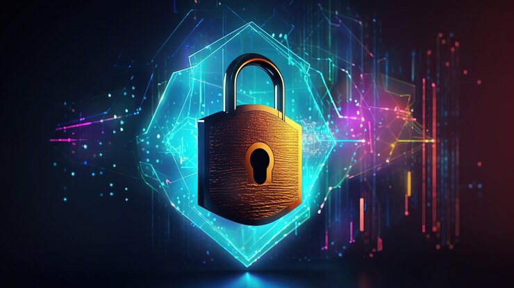 Concepto de ciberseguridad Escudo con icono de ojo de cerradura en el fondo de datos digitales Generativo ai