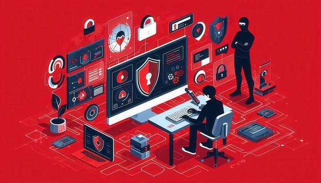 Concepto de ciberseguridad con hackers tratando de acceder a los datos